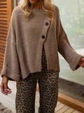 Asymmetrical button-detail knit sweater in khaki, ribbed cuffs and hem