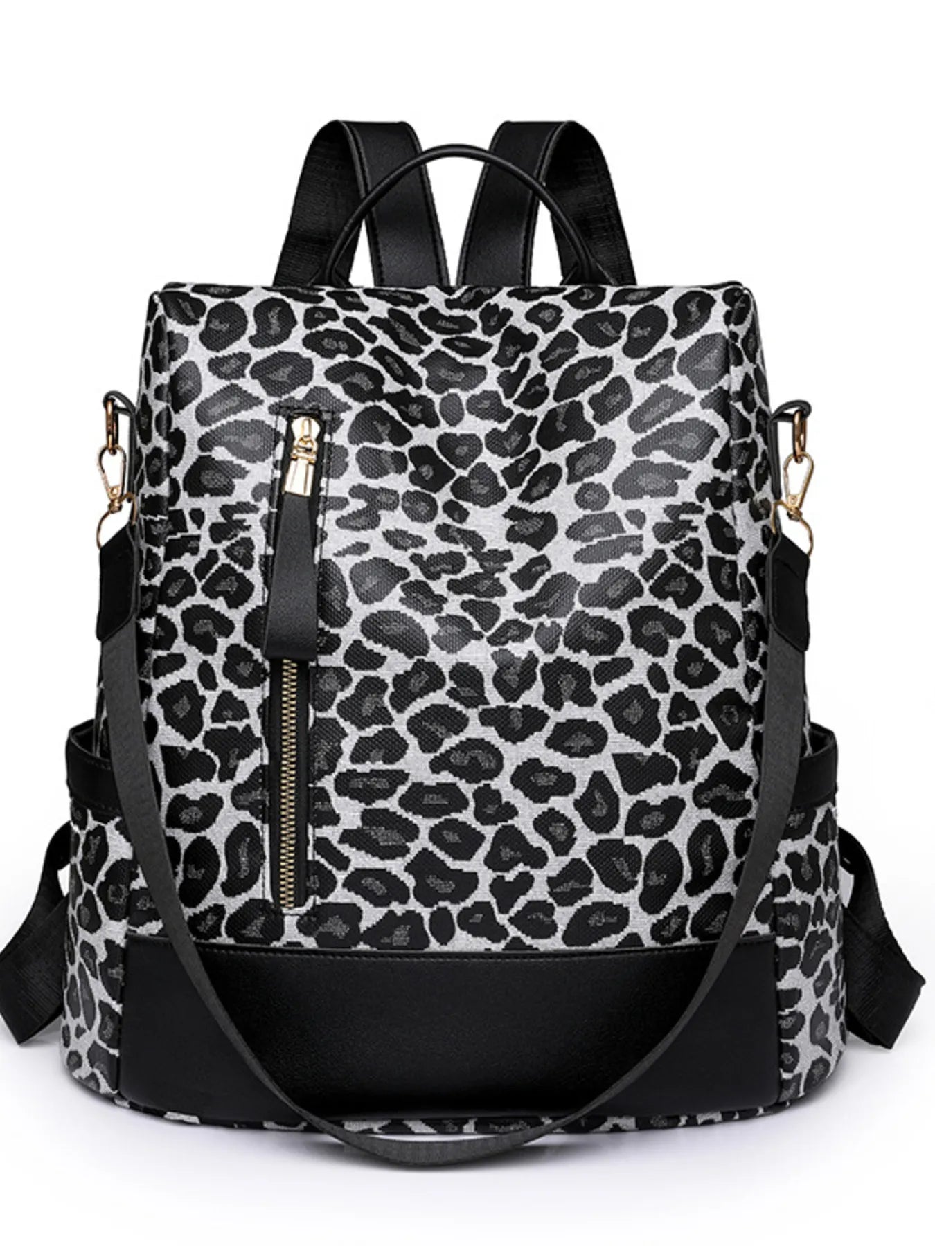 Leopard print backpack with black top handles, front zip pocket, and side straps.