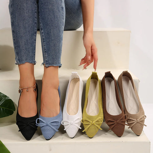 Bow point-toe flats slip-ons, set of five pairs in mixed colors