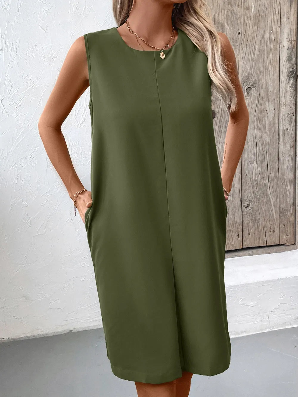 Ivy Lane olive green pocketed round-neck sleeveless mini dress