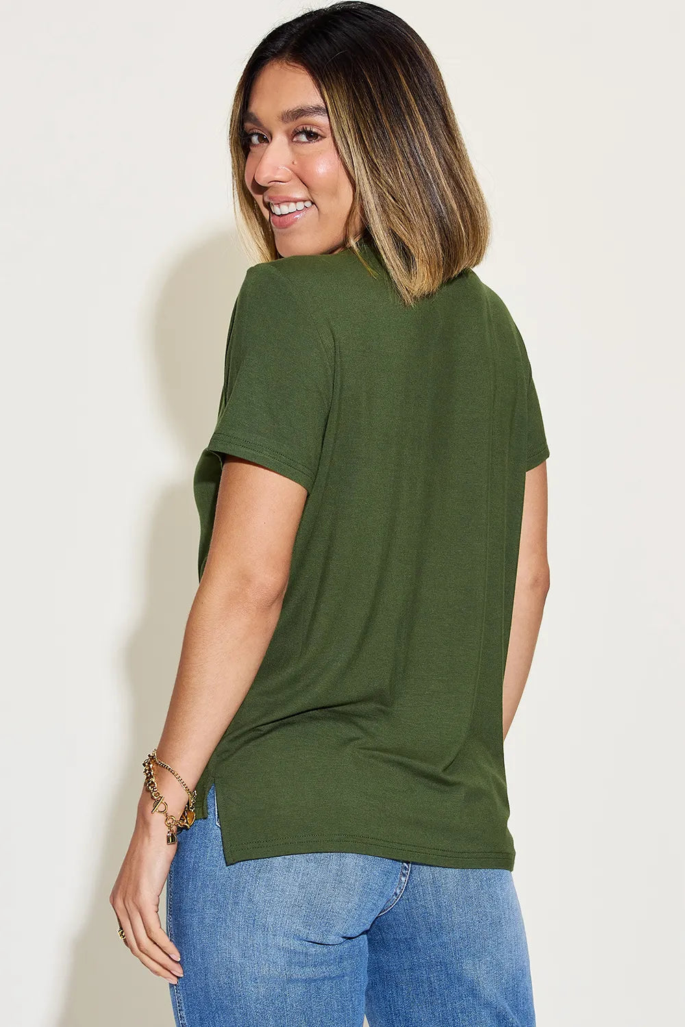 Cedar & Moore Basic Bae full-size V-neck high-low T-shirt in olive green with short sleeves and side slit