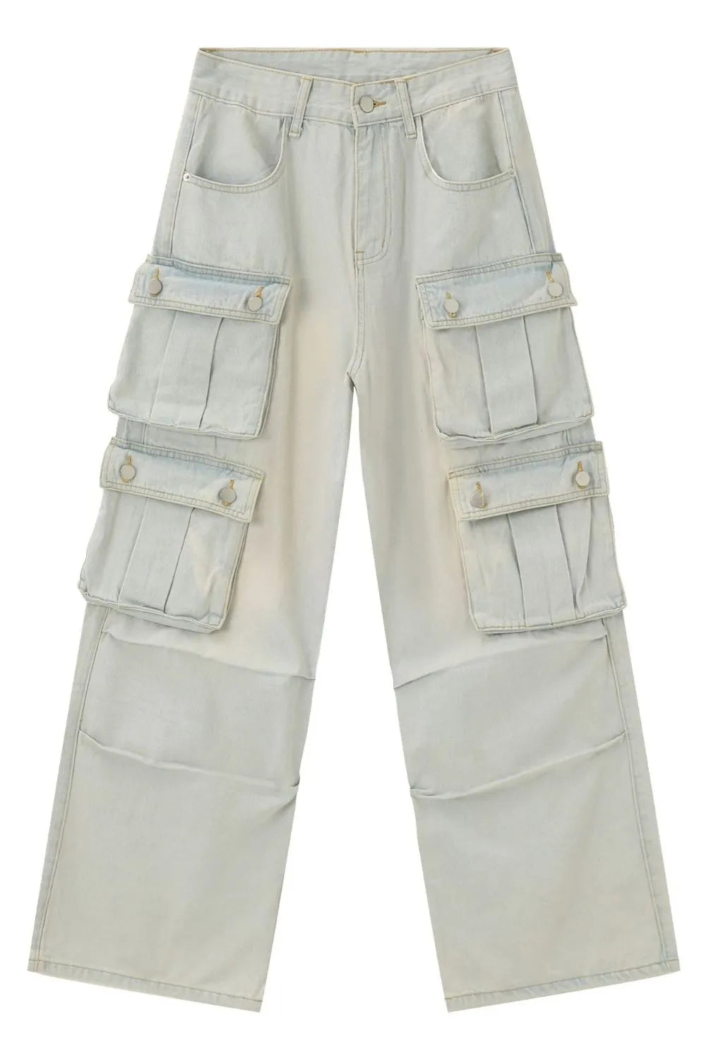 Light-wash mid-rise cargo jeans, front view with flap cargo pockets and belt loops