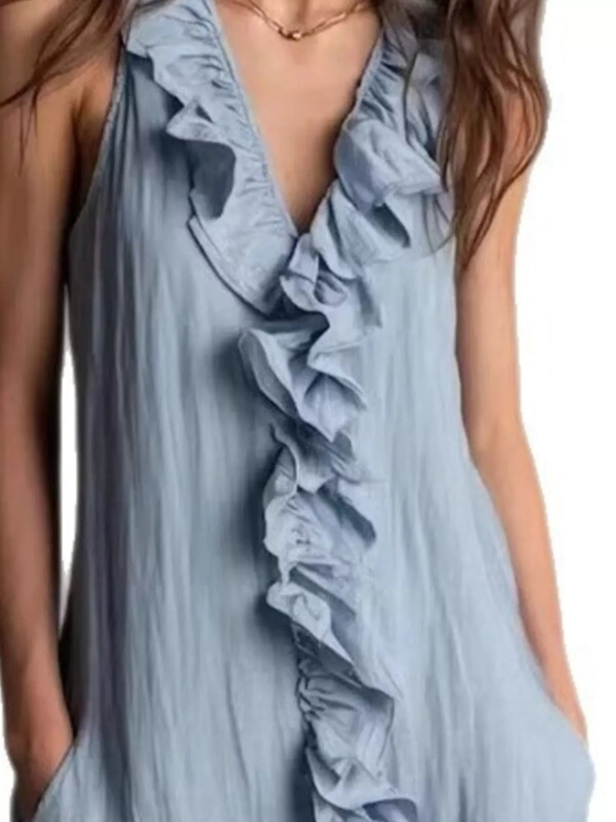 Sky blue sleeveless V-neck ruffle midi dress close-up of front ruffles