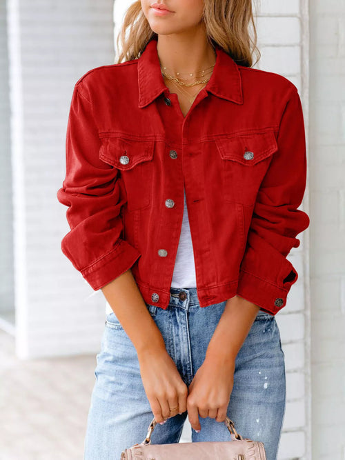 Scarlet denim button-up long-sleeve jacket with chest pockets and metal buttons