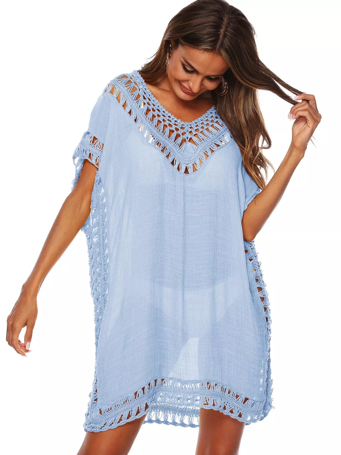 Light blue crochet-trim cover-up dress with scalloped lace hem