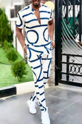 Men's short-sleeve two-piece outfit in white with blue abstract print and matching pants