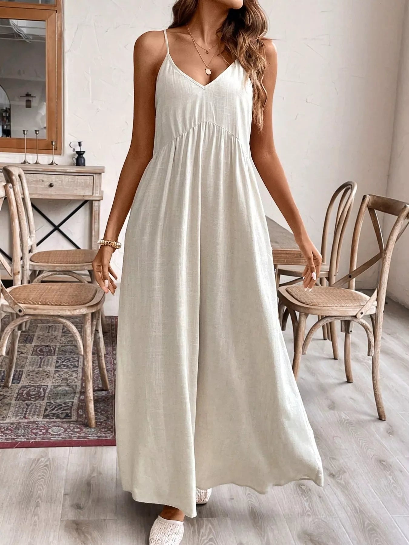 Casual Spaghetti Strap Maxi Dress Rayon Linen Blend Apricot / XL
