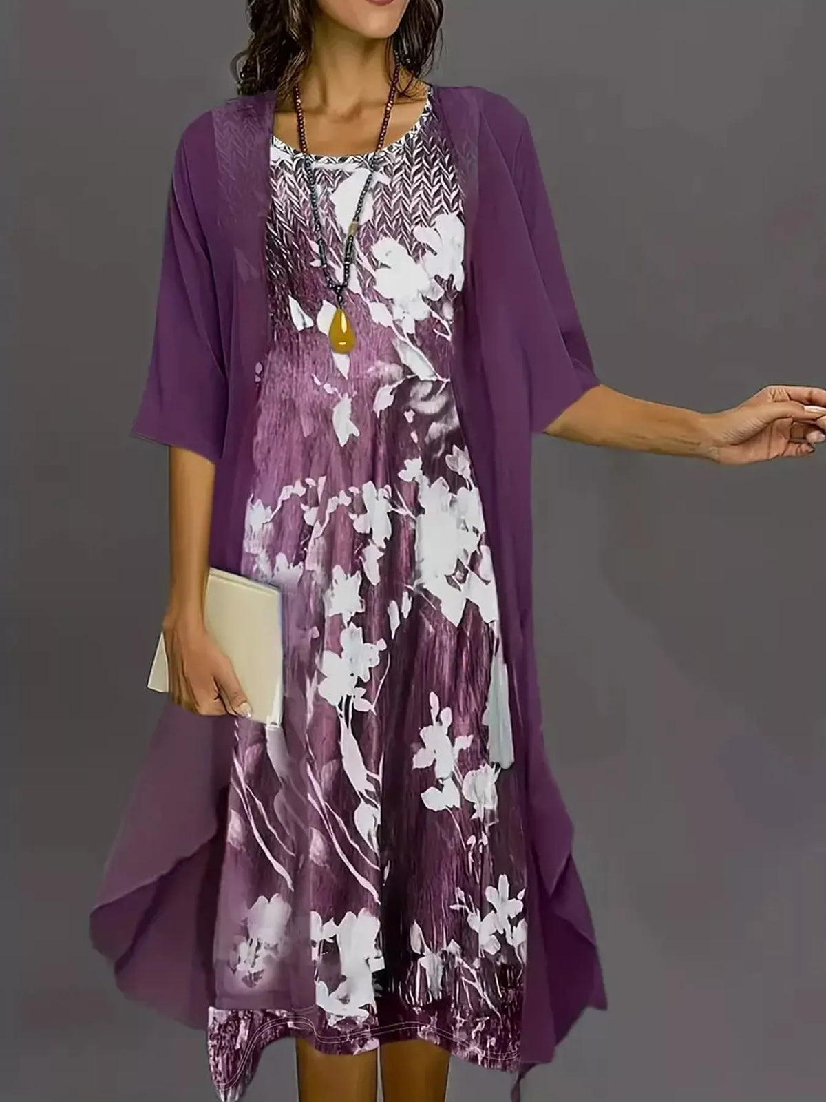 Floral dress and chiffon cardigan set with purple drape over lavender-and-white print