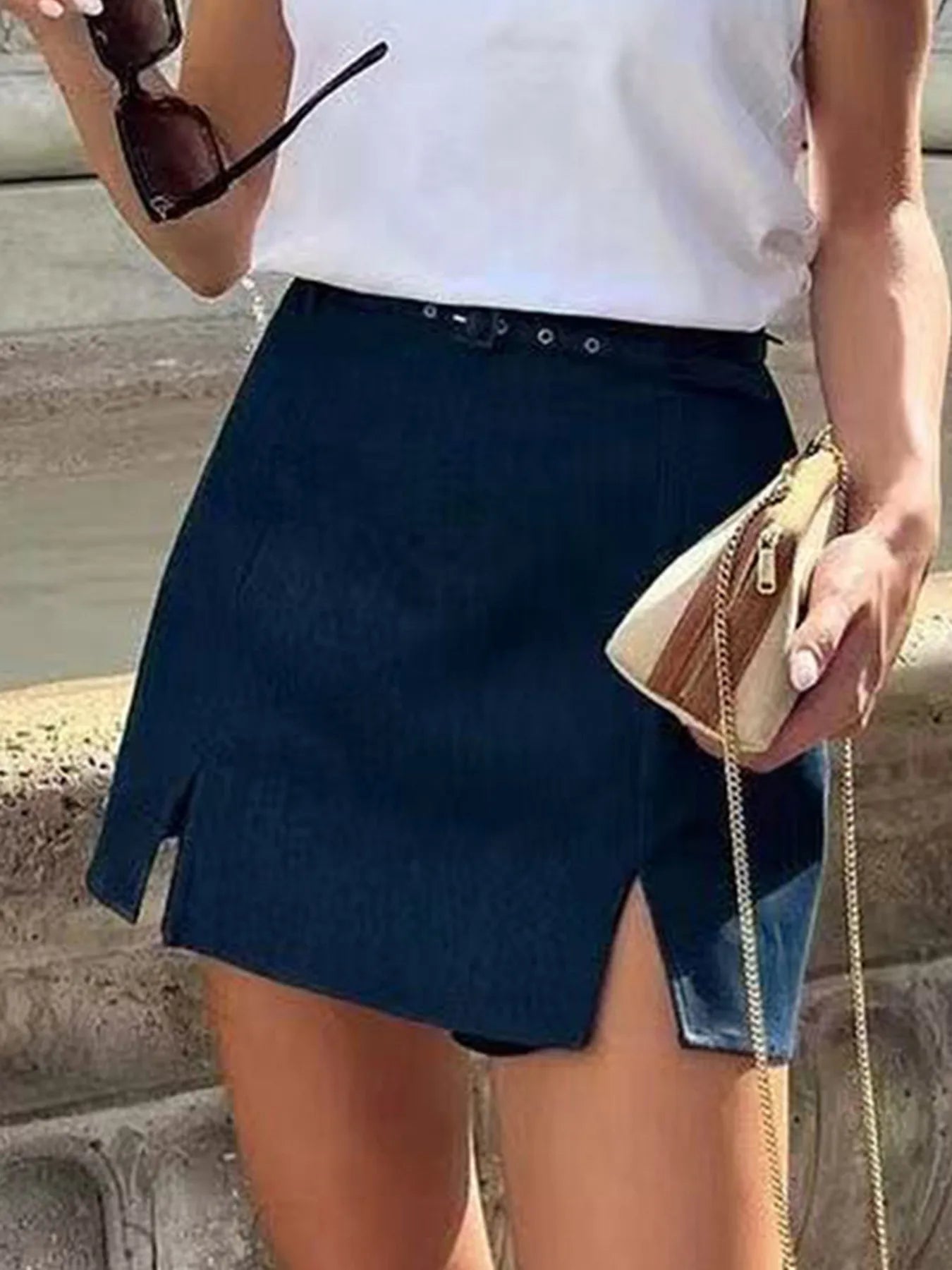 Navy slit mini skort with pleated front and side slit