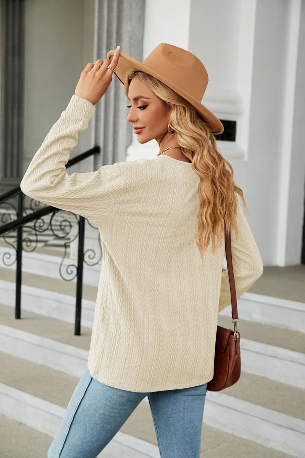 Cedar & Moore Decorative Button V-Neck Long Sleeve T-Shirt in cream textured knit