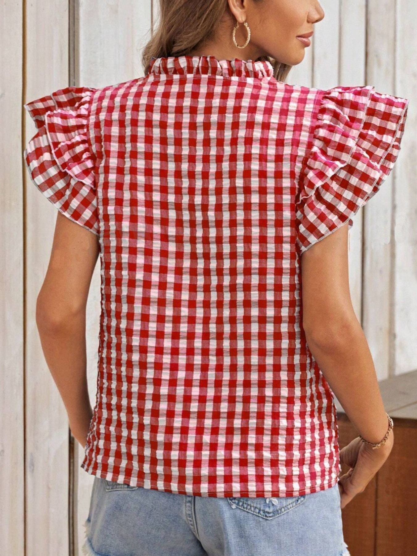Gingham Ruffle Sleeve Blouse in red and white gingham with puffed ruffle sleeves, back view