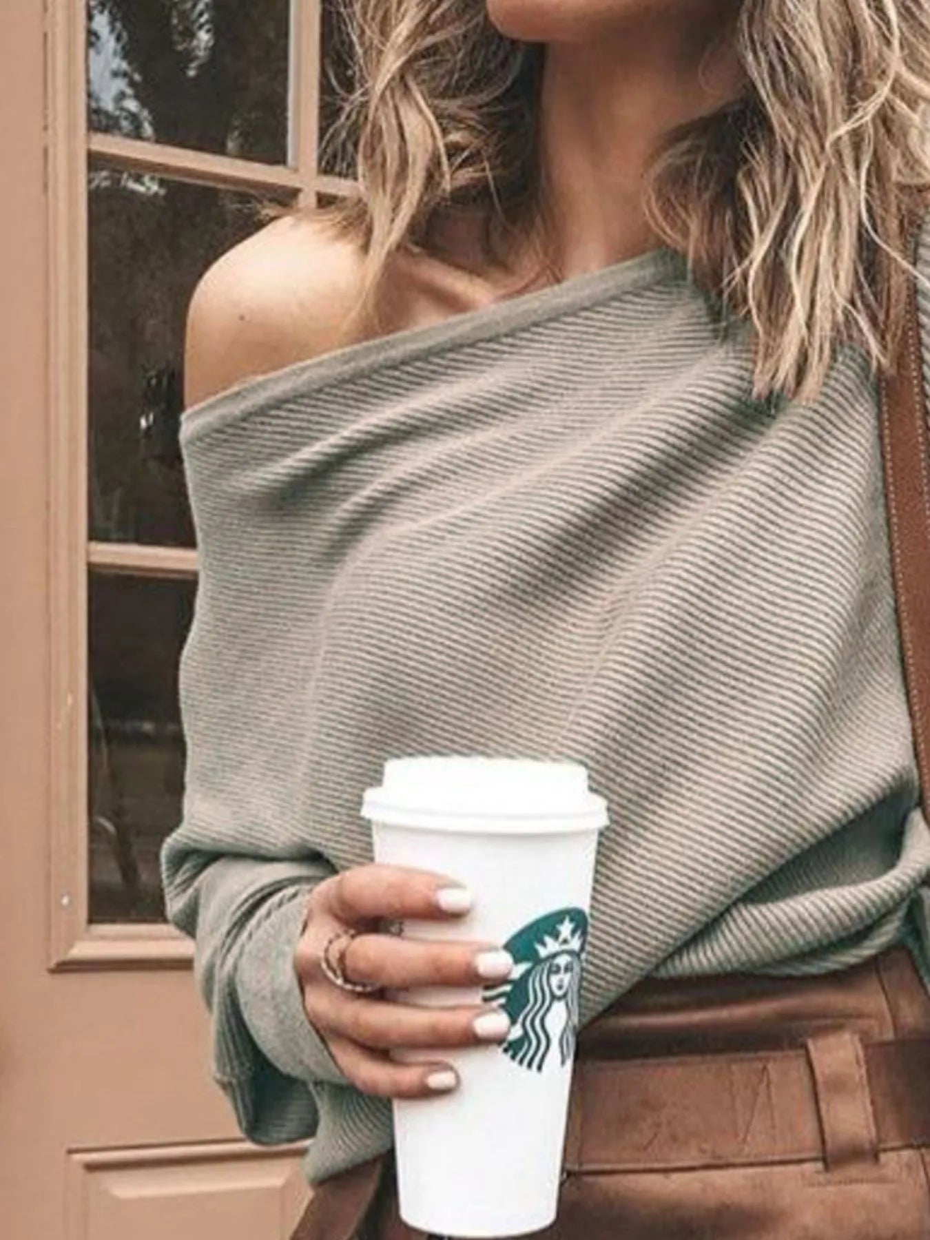 Sage green ribbed one-shoulder sweater top with long sleeve cuff detail