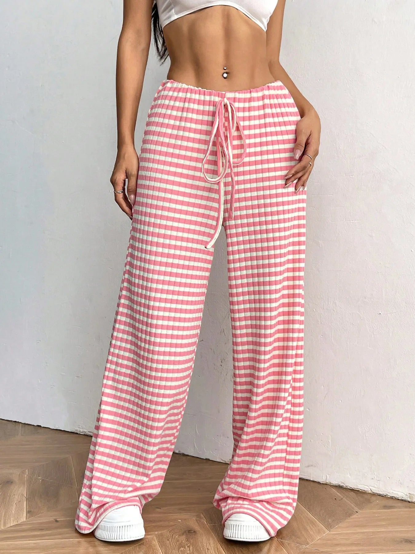 Striped wide-leg drawstring pants, pink and white stripes, elastic waist with tie cord