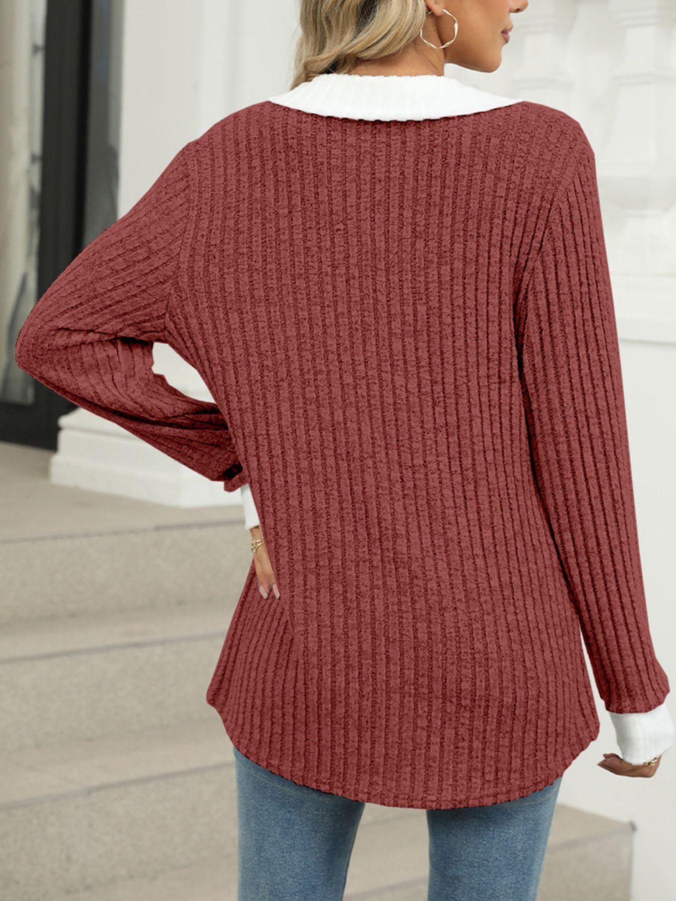 Cedar & Moore Ribbed Knit Long Sleeve T-Shirt in brick red with white collar peek, back view