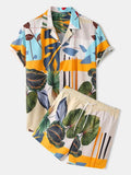 Printed short-sleeve shirt and shorts set in beige with tropical leaf and orange patterns