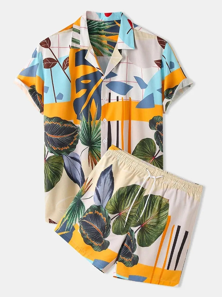 Printed short-sleeve shirt and shorts set in beige with tropical leaf and orange patterns