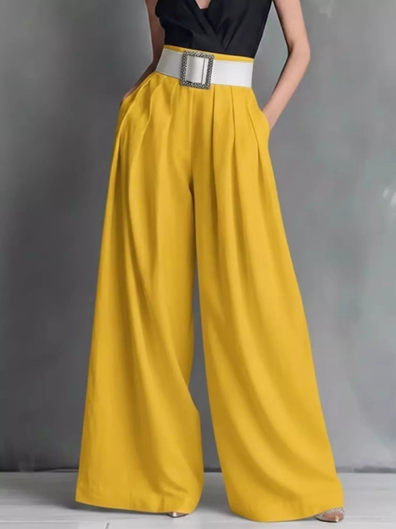 Yellow high-waisted wide-leg pants with belt band and square buckle