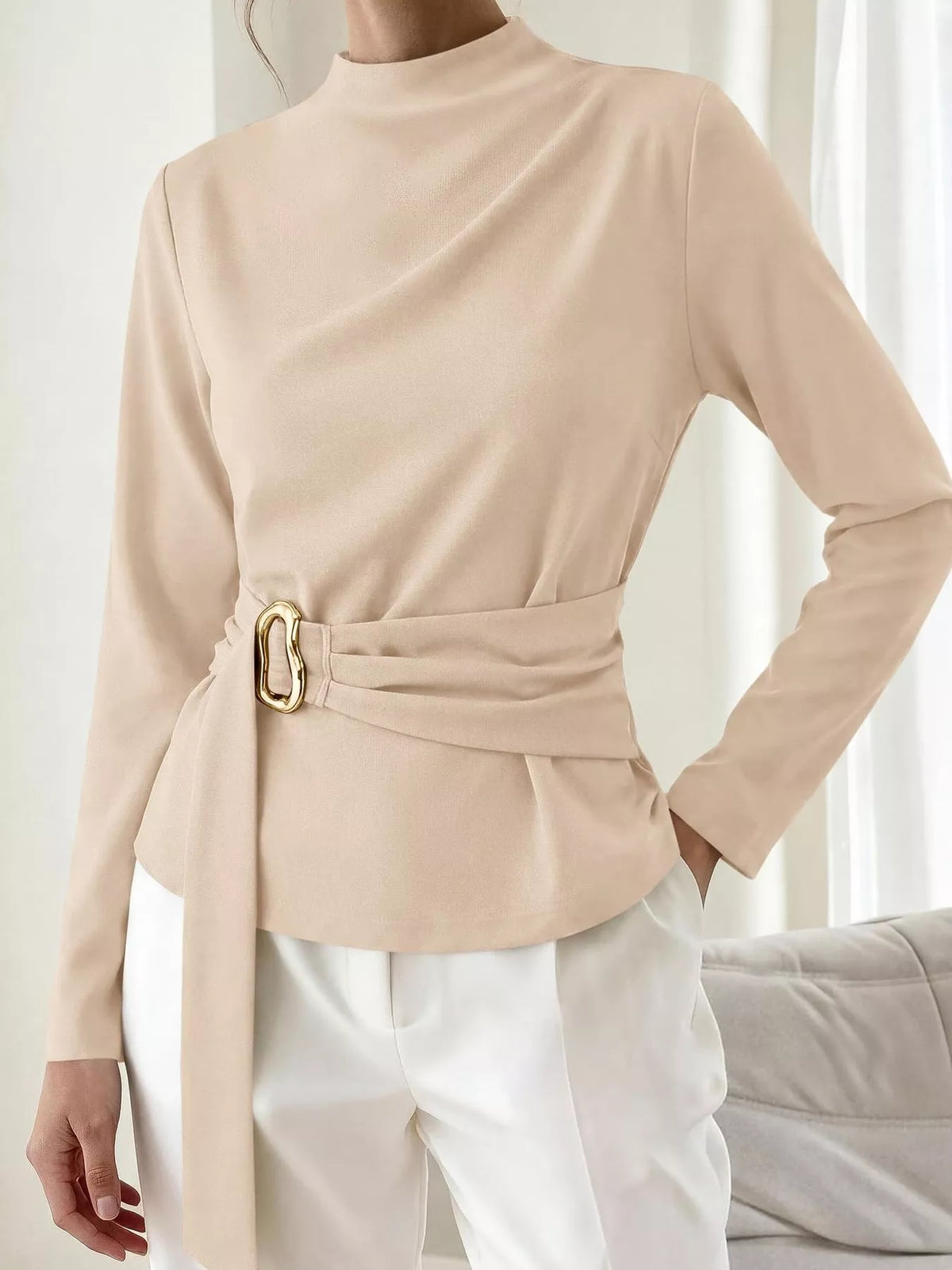 Apricot mock neck blouse, ruched waist belt with gold ring; long sleeves