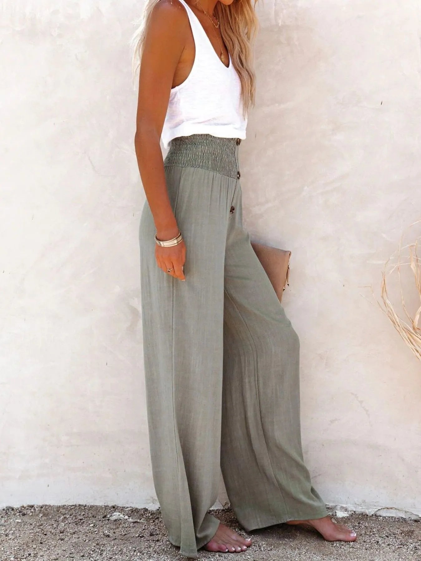 Olive textured high-waisted wide-leg pants with button-front closure