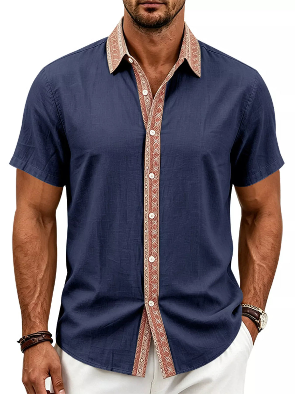 Navy blue men’s short sleeve cotton stretch shirt with patterned button placket