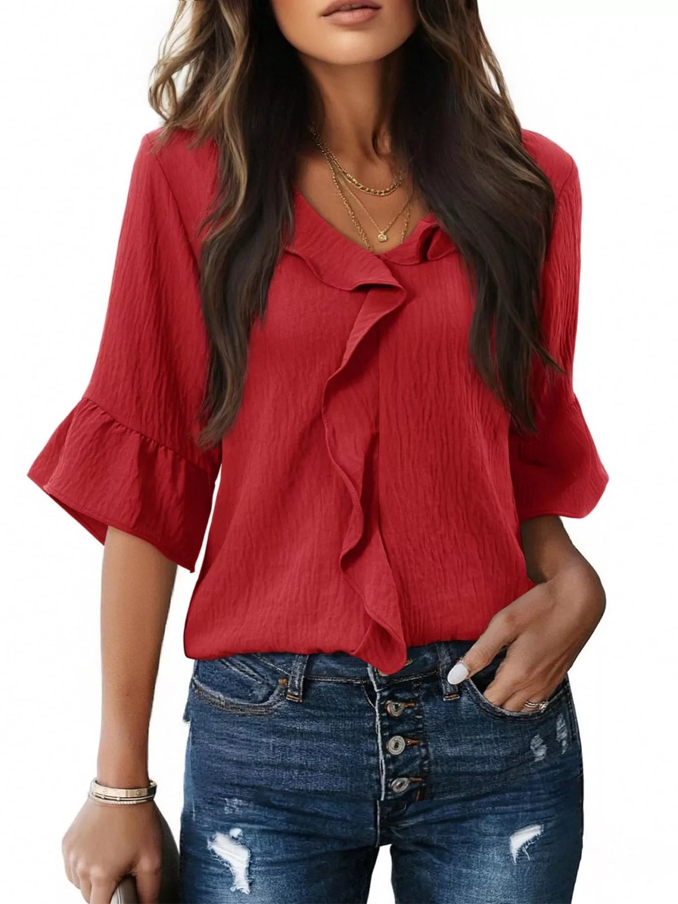 Red ruffle-trim V-neck blouse with layered front ruffles and flared sleeves.