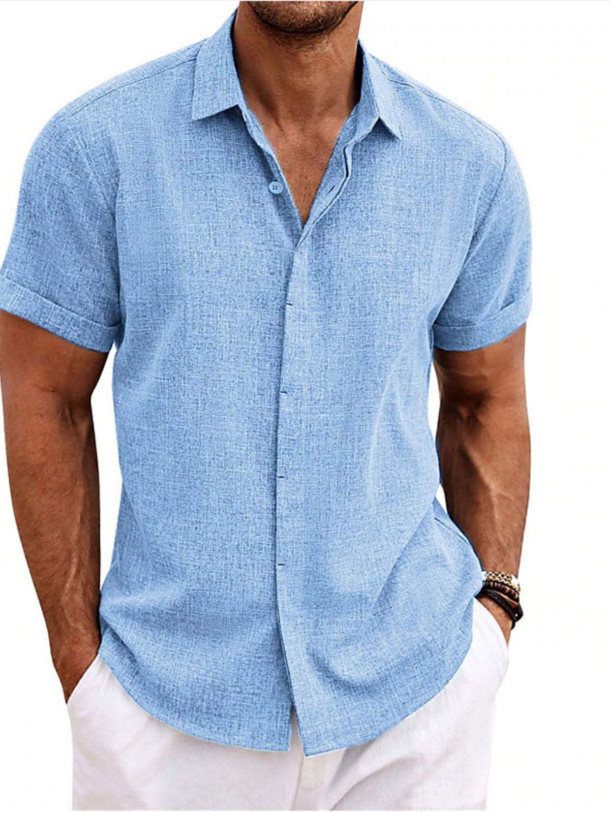 Men's light blue short-sleeve button-down shirt with collar and button placket