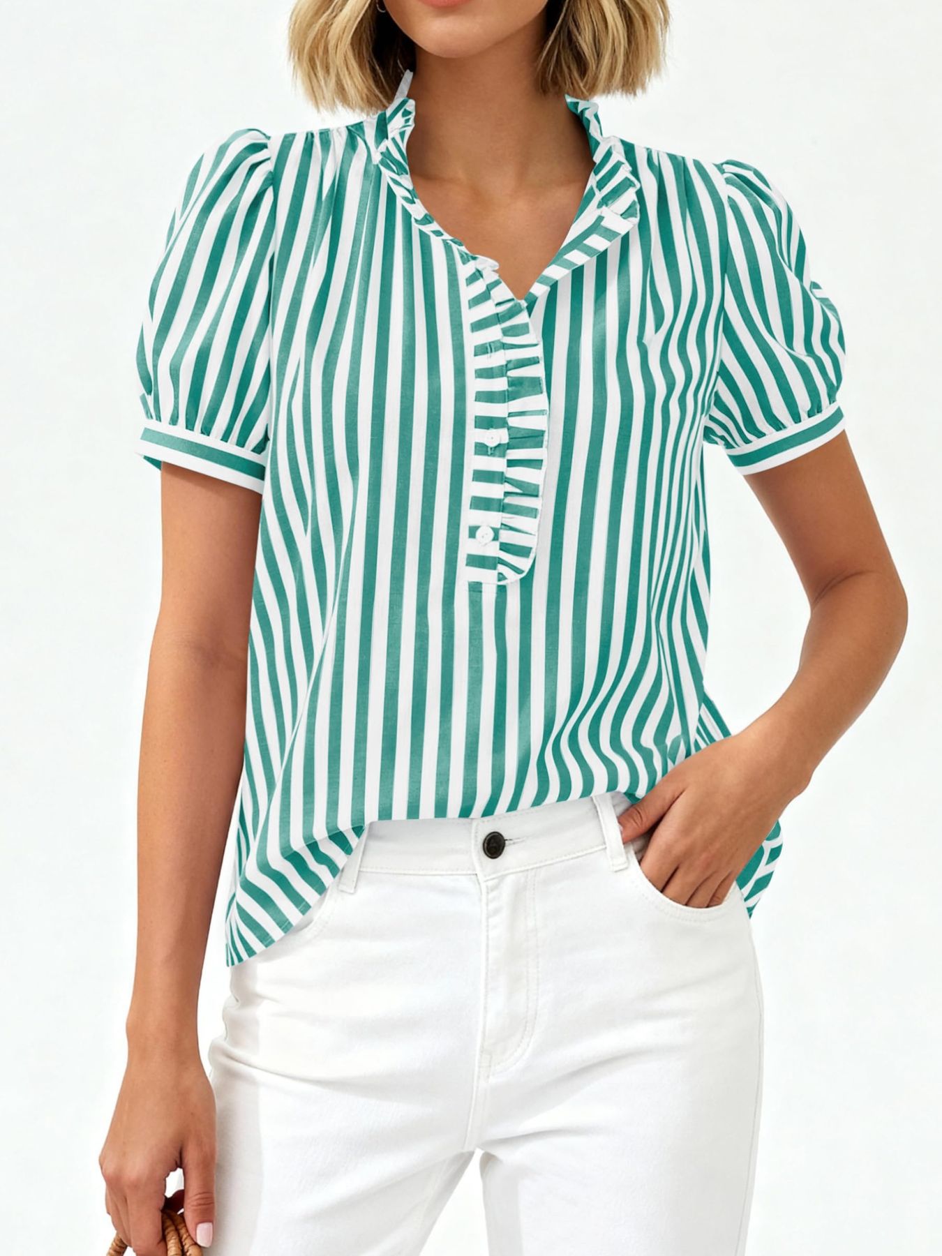 Frill Striped Puff Sleeve Blouse by Trendsi, green and white stripes with ruffled button-front placket