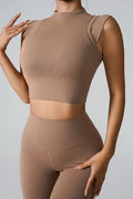 Camel cropped mock neck active tank, sleeveless, fitted.