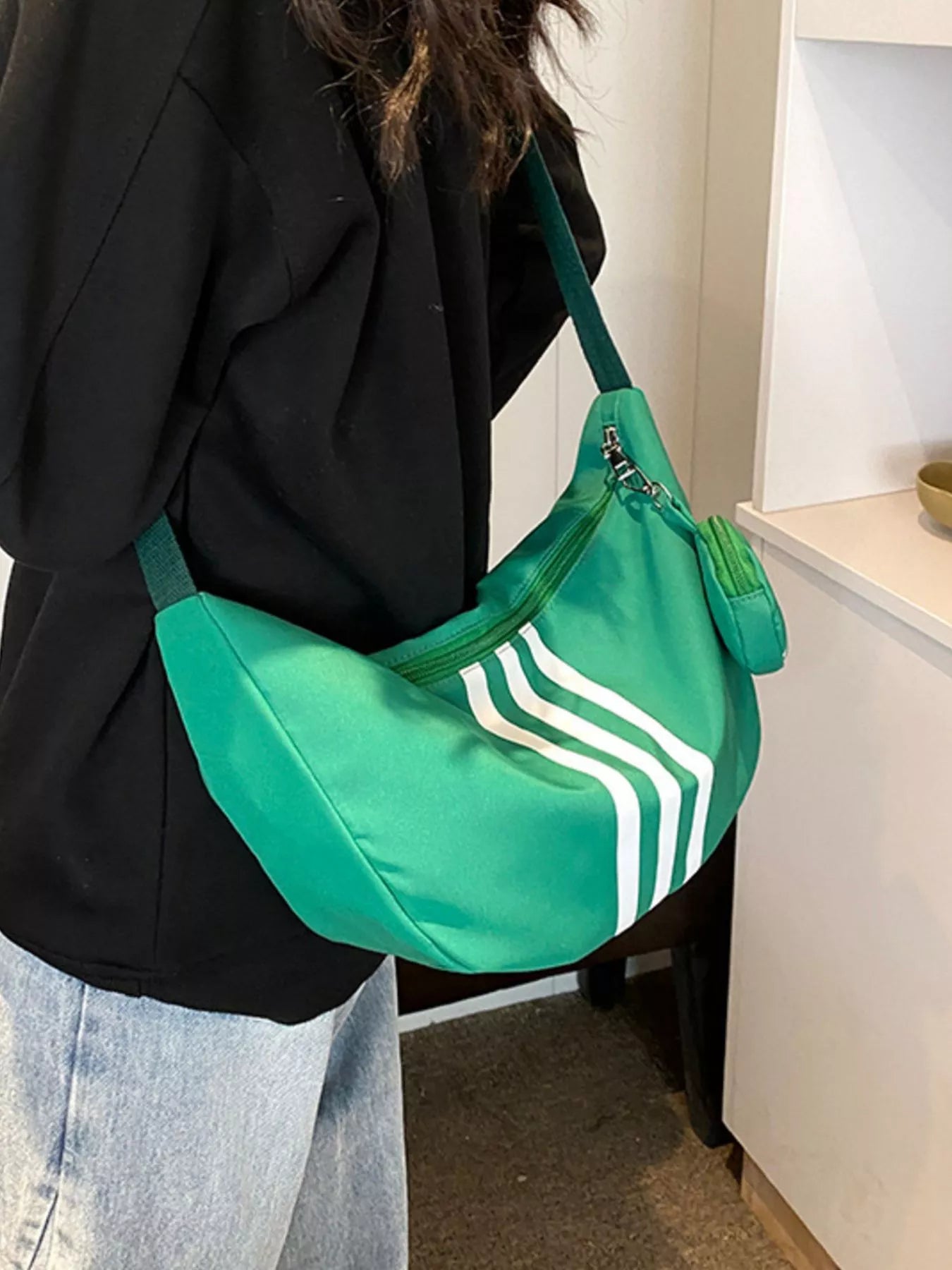 Striped crossbody bag with coin purse, emerald green, medium size
