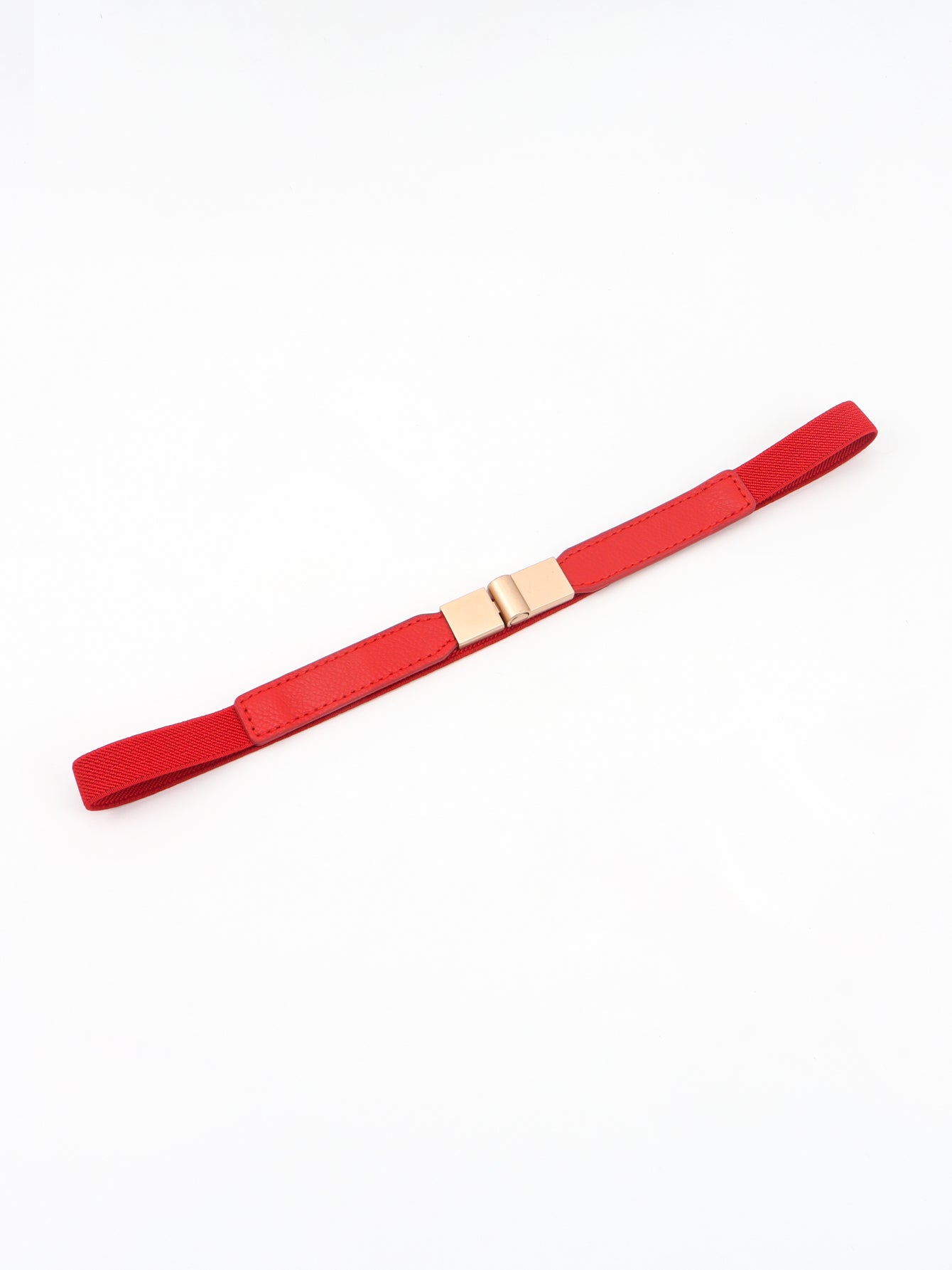 Red elastic skinny belt with gold-tone buckle and end tab