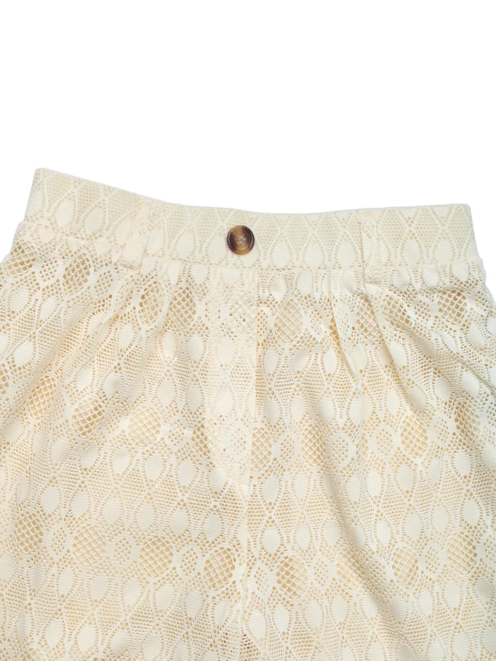 Cream lace pants waistband with decorative button and scalloped openwork geometric trim