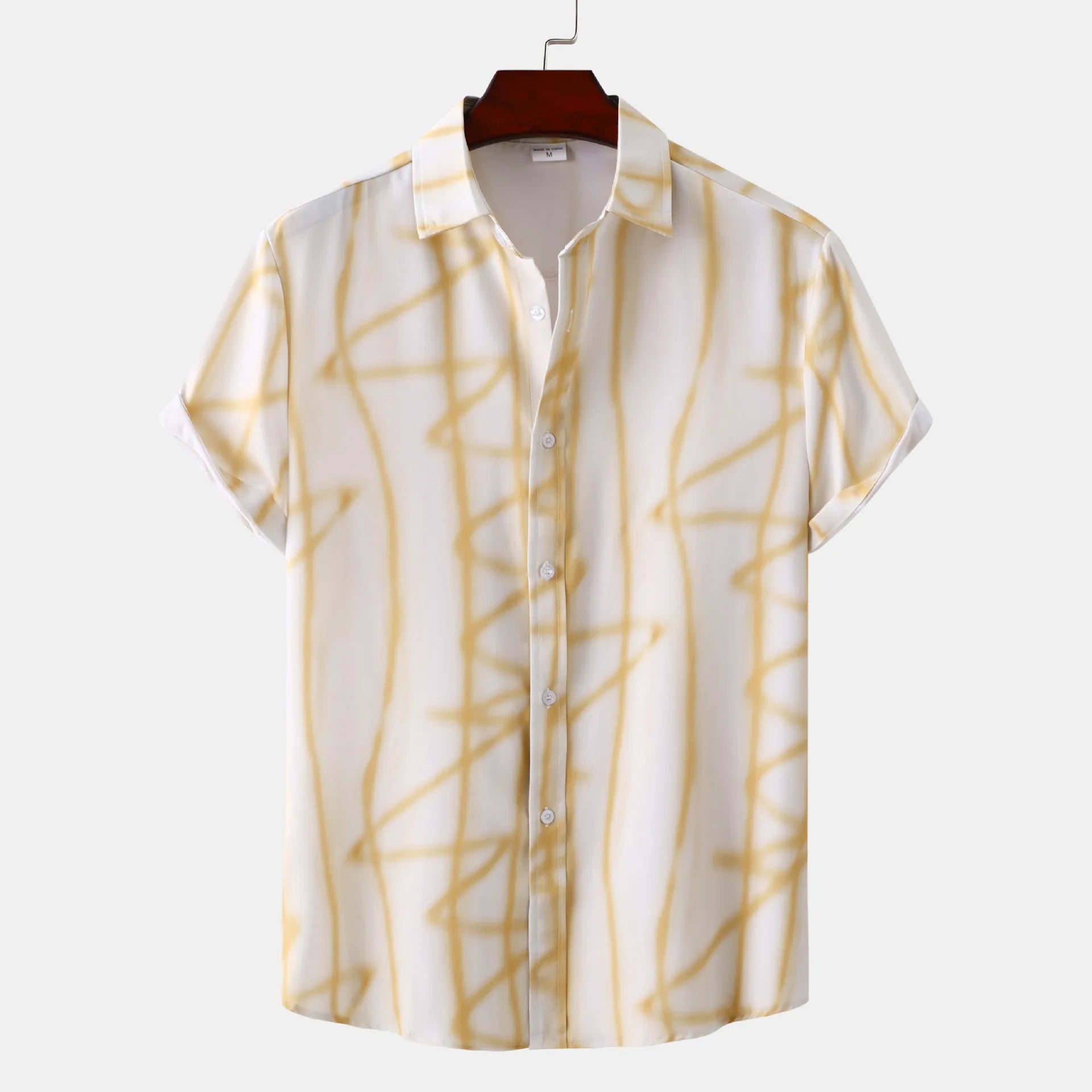 Men's plus size short-sleeve shirt with gold abstract line print on light cream