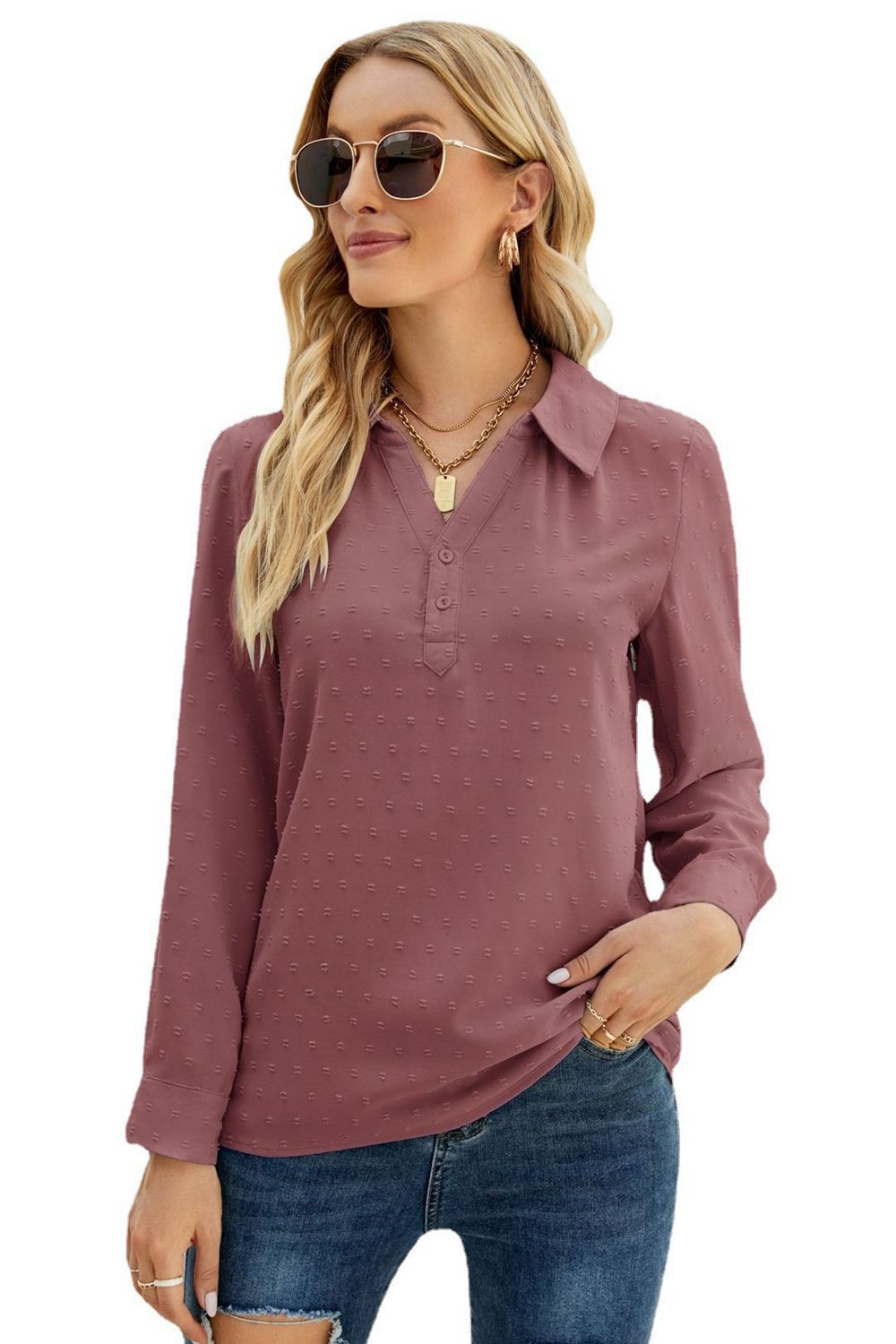 Dusty rose swiss dot blouse with Johnny collar, button front, long sleeves