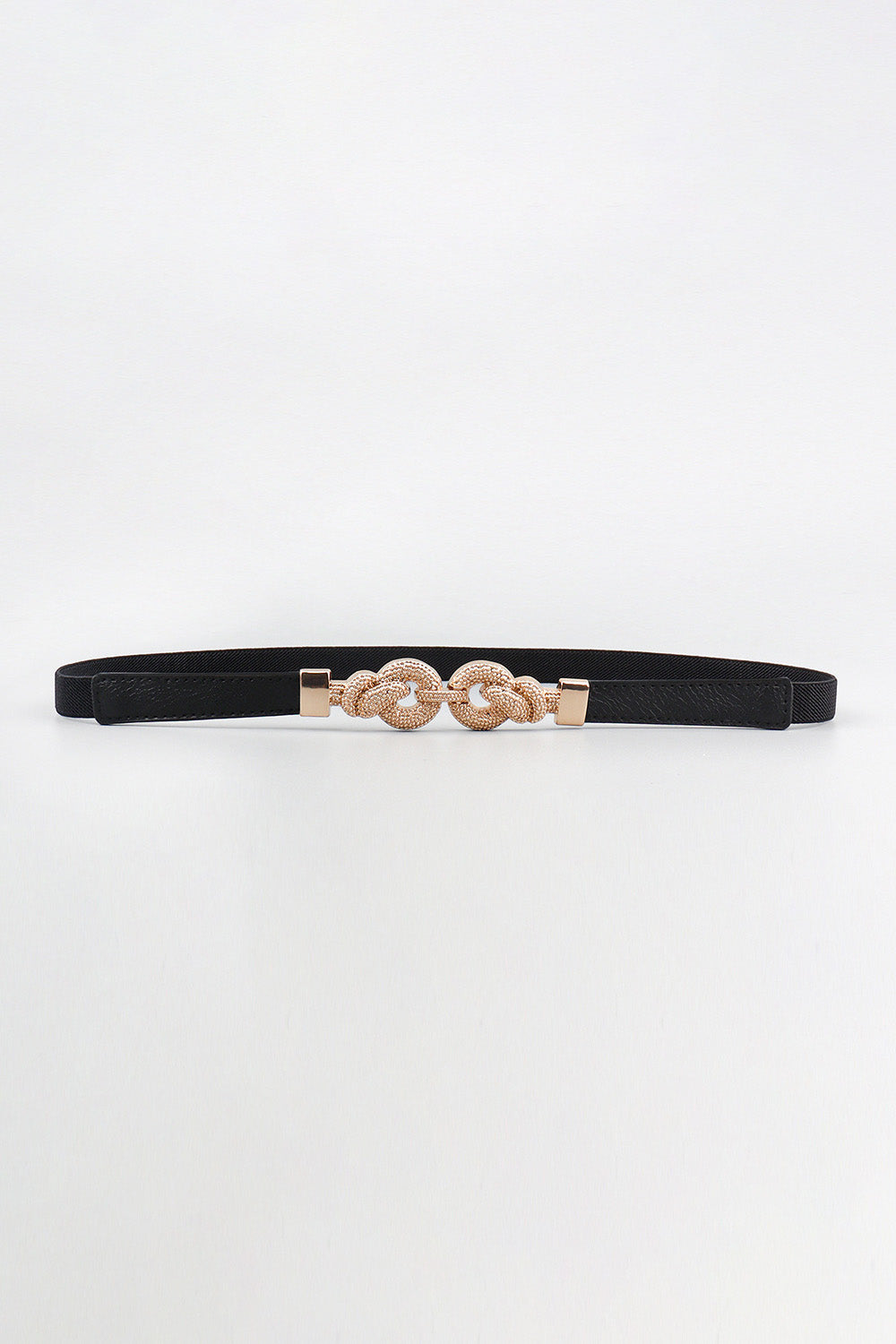 Black vegan leather belt with zinc alloy buckle and oval chain link centerpiece
