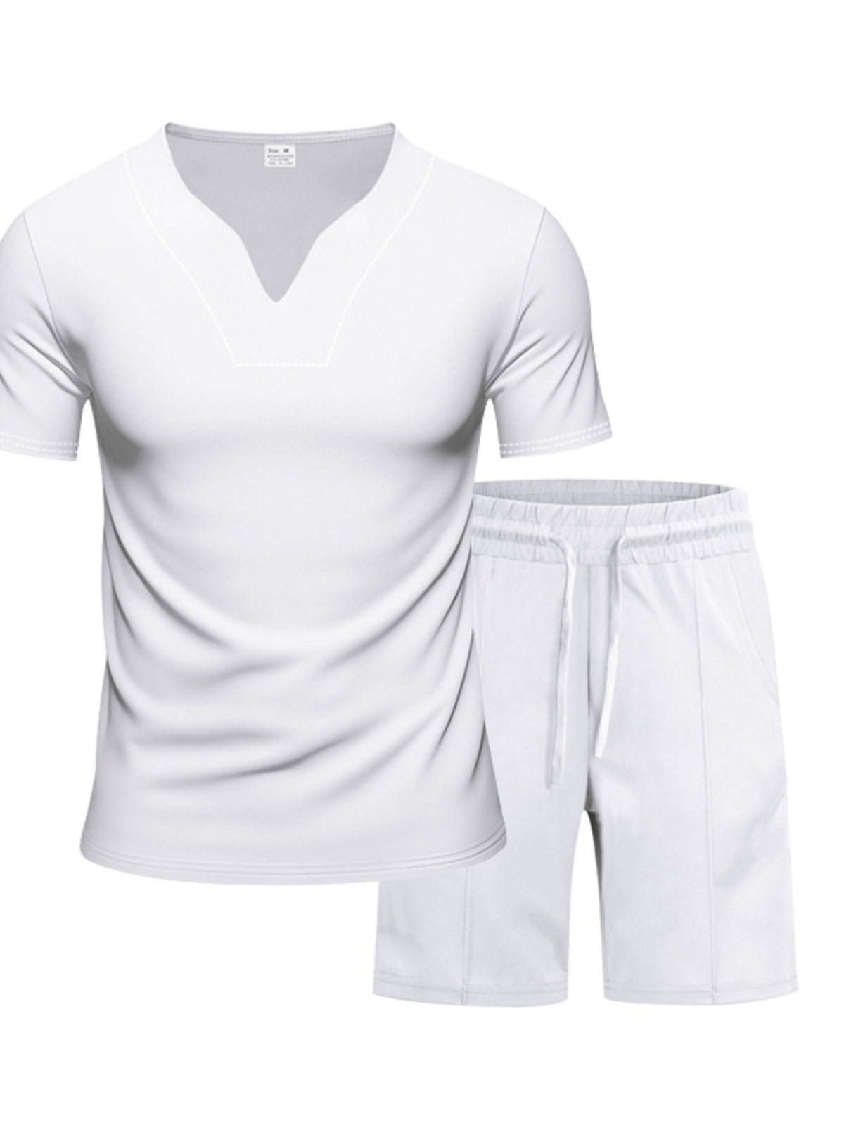 Men's white V-neck stretch tee and drawstring shorts set, flat lay
