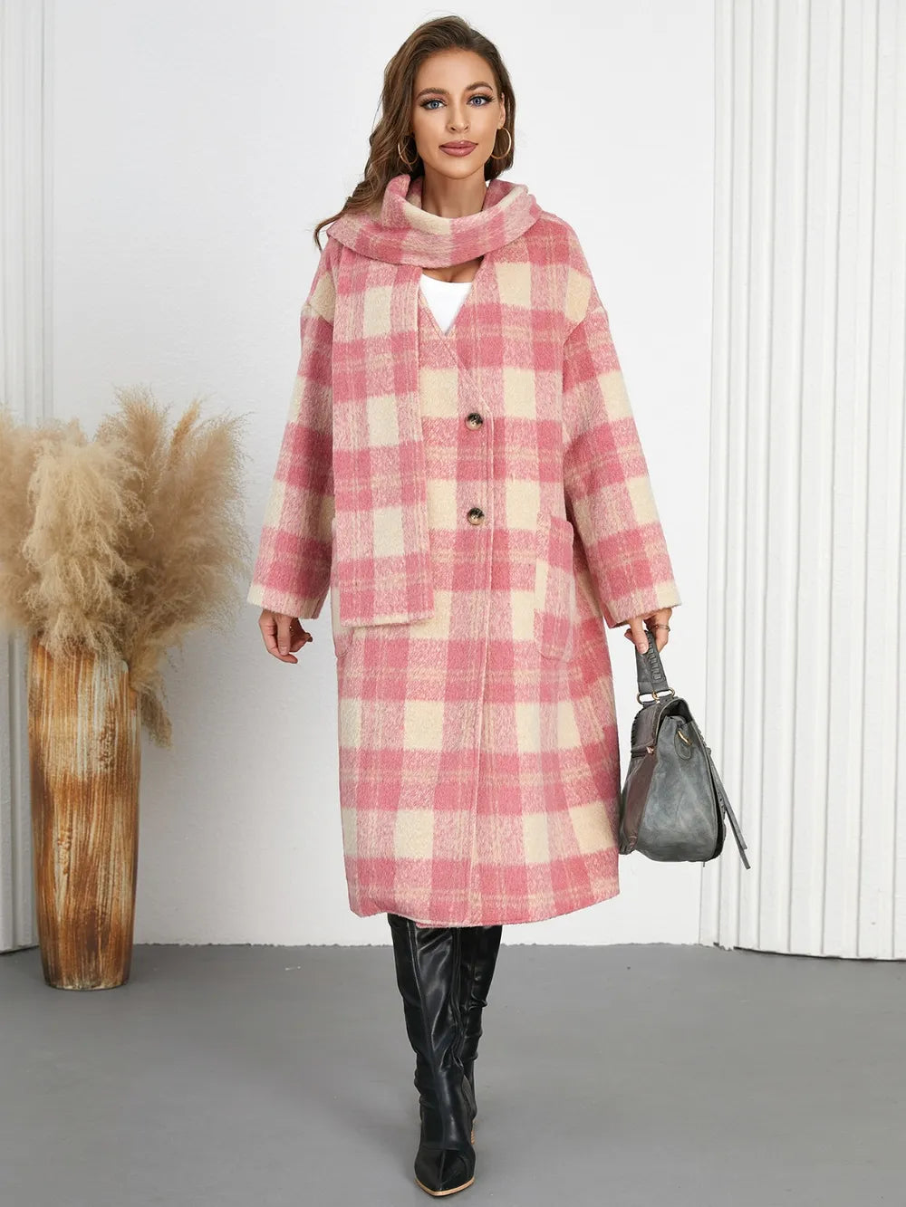 Plaid button-up long coat in pink and cream with hooded collar and double-breasted buttons