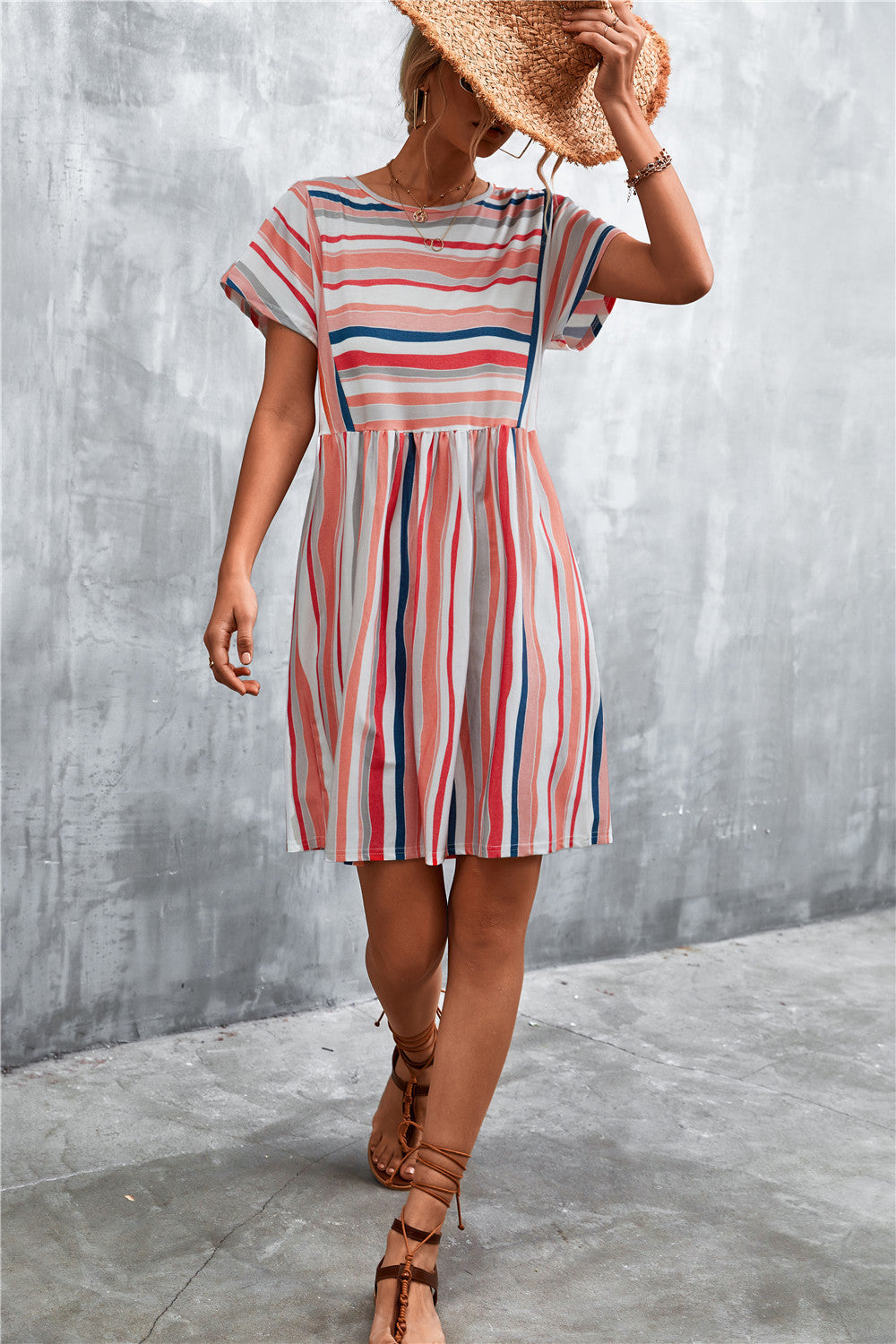 Striped round-neck dress with short sleeves and gathered waist, vertical multi-color stripes