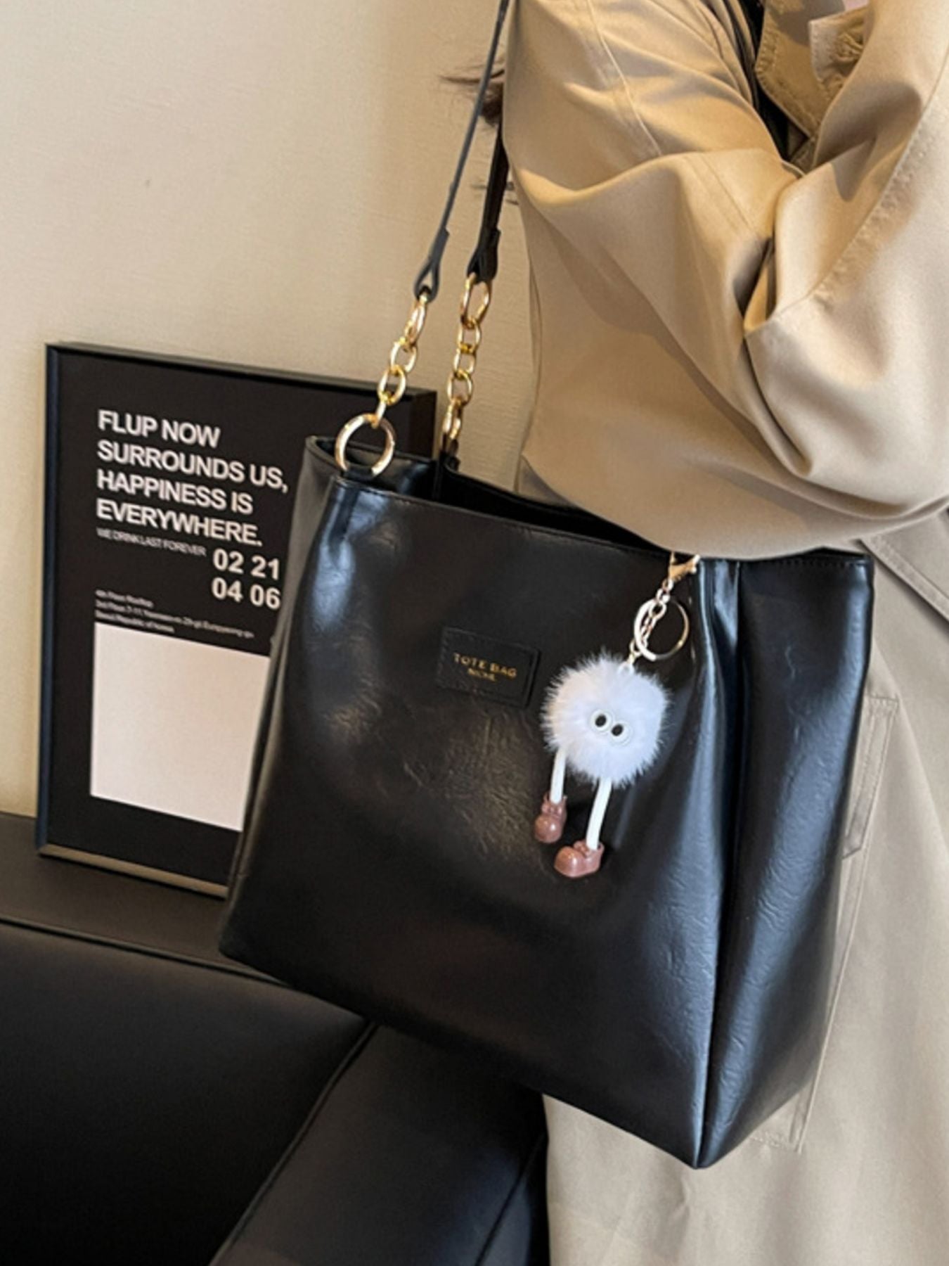 Chain Decor Leather Shoulder Bag, black PU, large with gold-tone chain straps