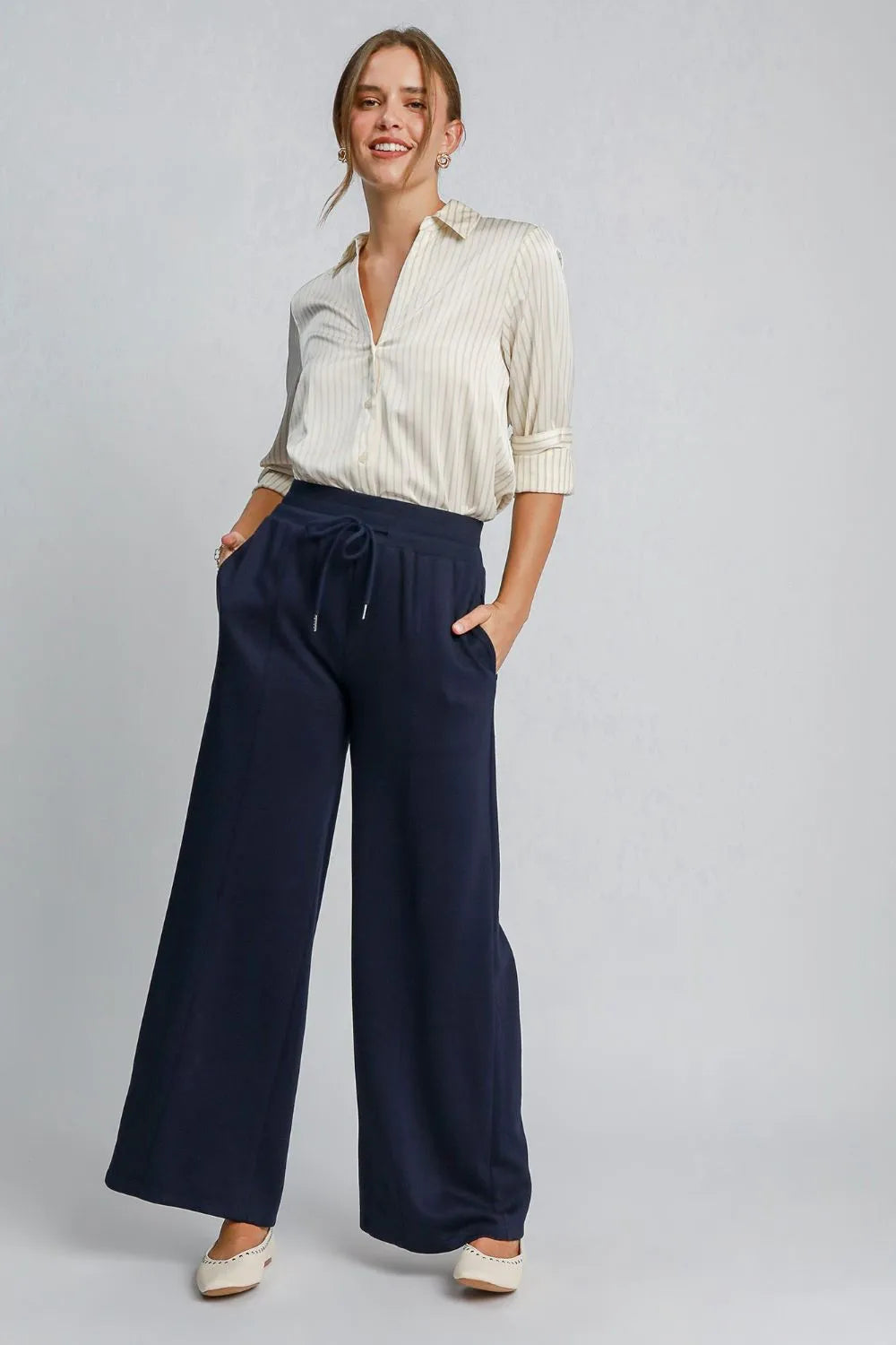 Midnight navy wide-leg drawstring pants with side pockets