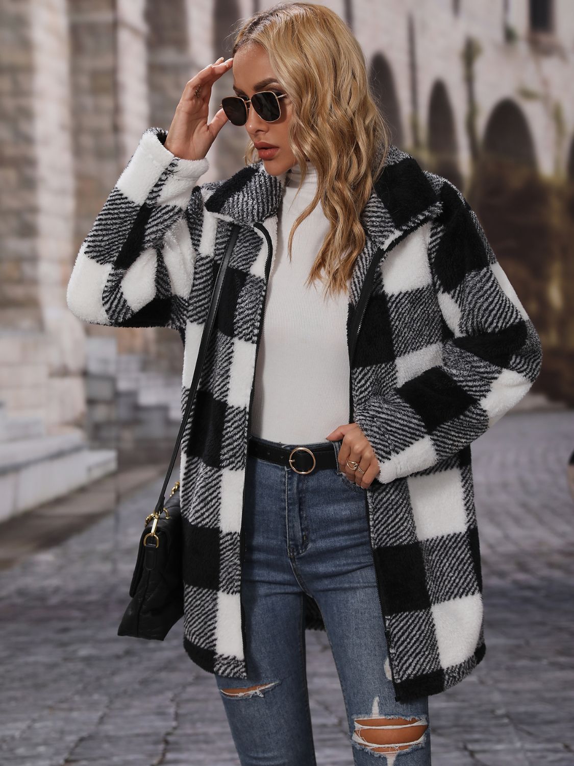 Plaid collared neck coat with pockets, black-and-white check, front view