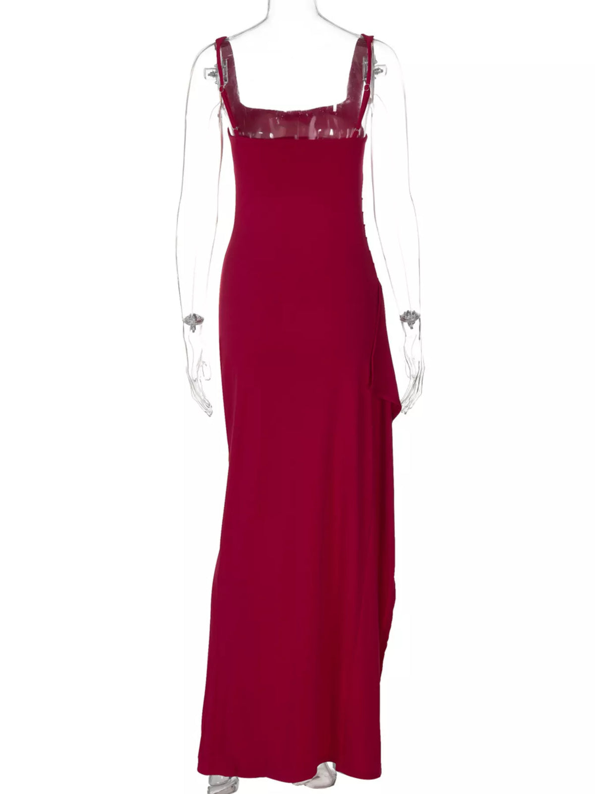 Burgundy wine-ruched square-neck maxi dress with spaghetti straps and side slit