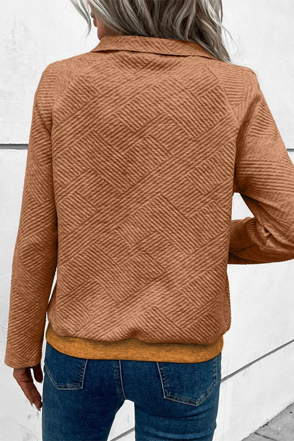 Back view caramel brown snap-button long-sleeve sweatshirt with diamond geometric texture