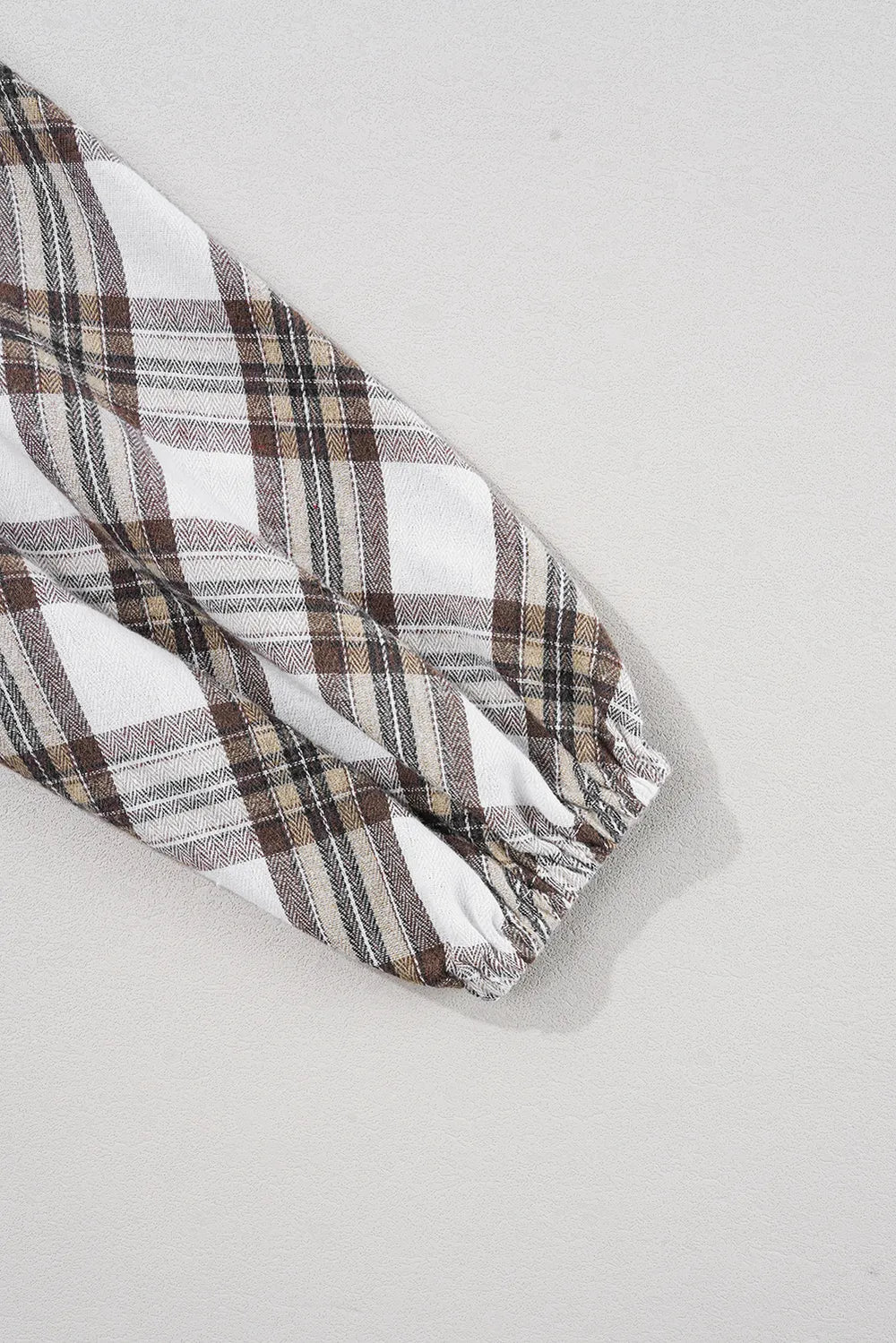 Plaid sleeve cuff detail with elastic hem on mini shirt dress