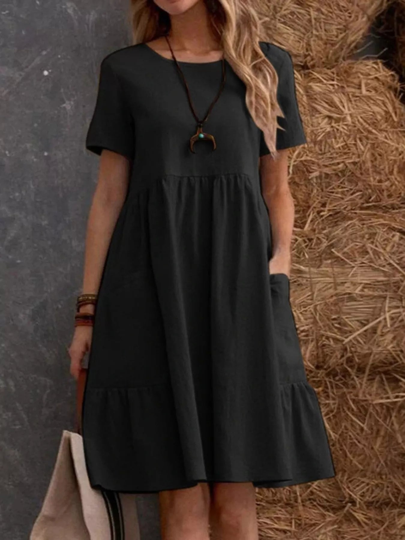 Cedar & Moore Full Size Casual Loose Fit Tiered Ruffle Hem Dress Plus Size, black, short sleeves, no pockets