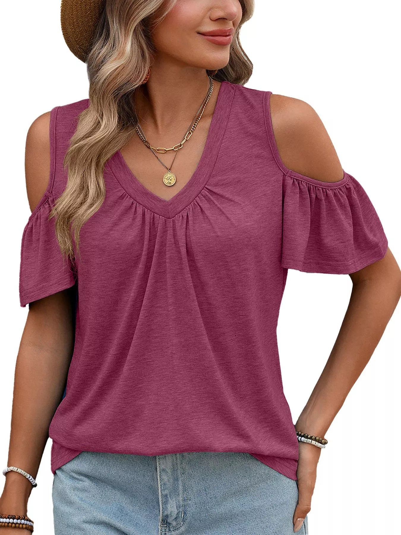 Burgundy cold-shoulder V-neck t-shirt with gathered neckline and draped short sleeves