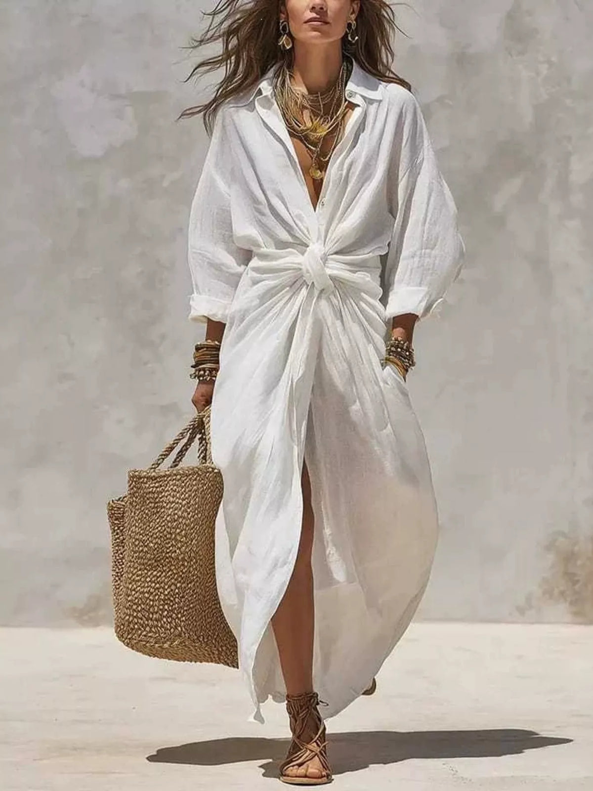 White linen-blend maxi dress with V-neck and front tie detail, long sleeves