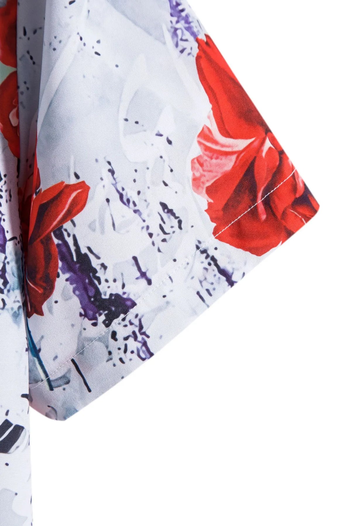 Floral button-up shirt sleeve, red rose and blue ink splatter on white