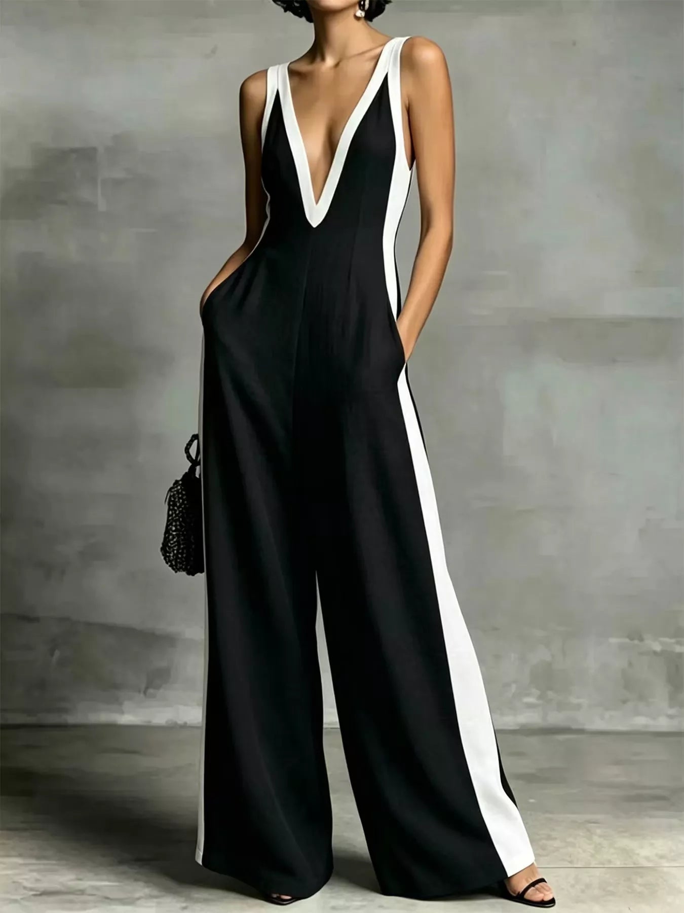 Black deep V-neck wide-leg jumpsuit with white contrast side trim and sleeveless V neckline