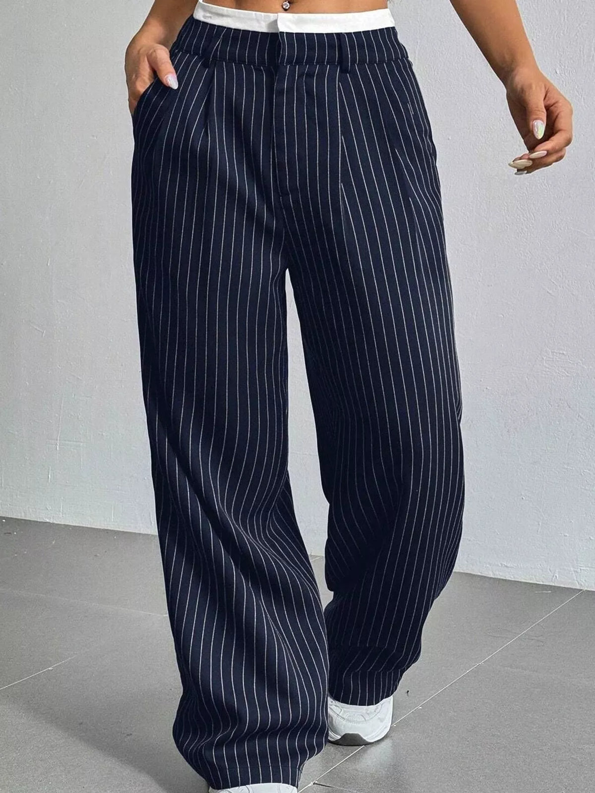 Navy pinstriped high-waist wide-leg pants with elastic waistband