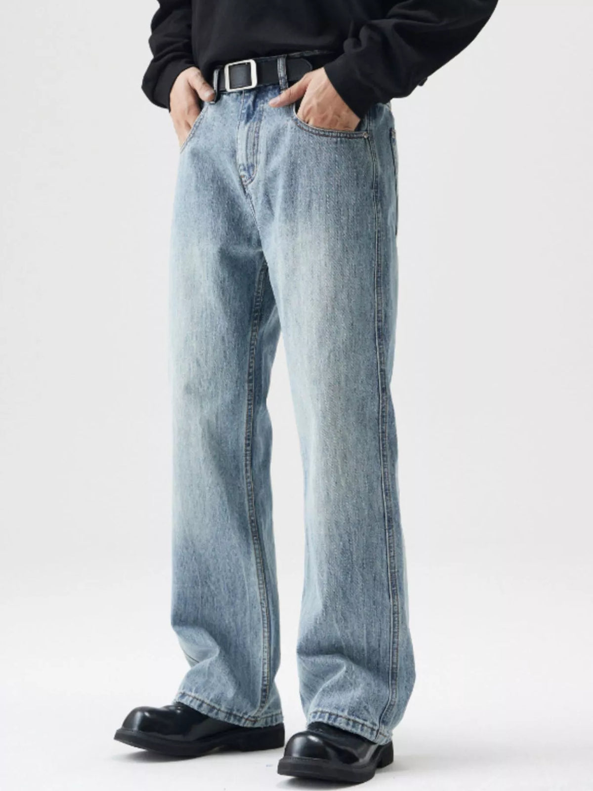 Washed stretch relaxed cotton jeans, light blue, relaxed straight fit, belt loops